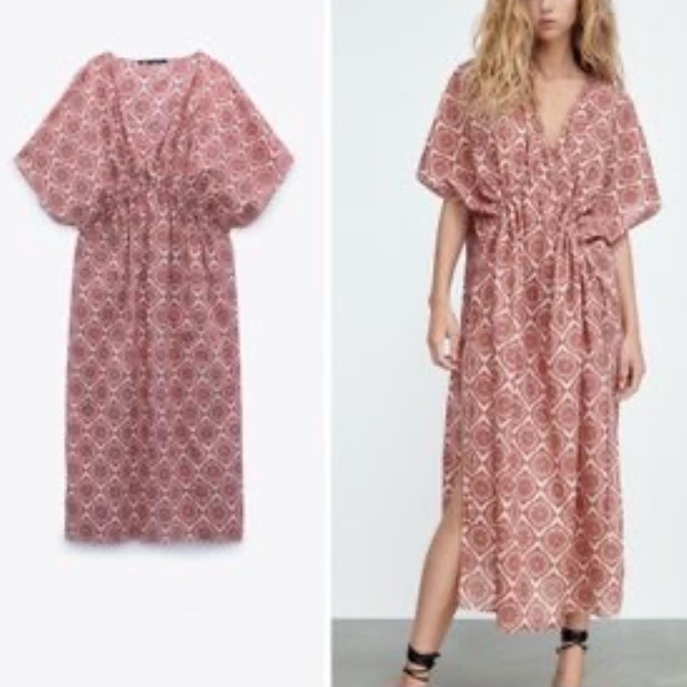 ZARA Maxi Relaxed Kimono Dress Swimwear Coverup Print Pink XS